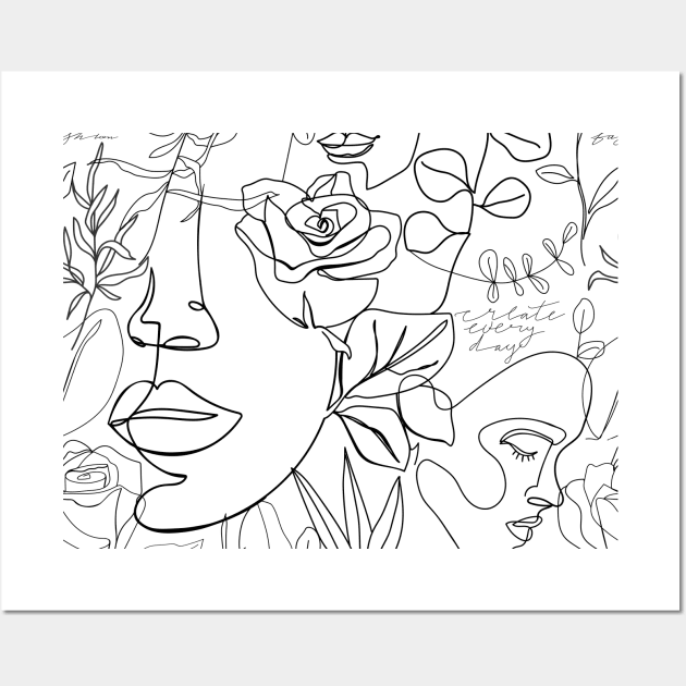 Contemporary background with fashion continuous line pattern. One line woman face, flowers, leaves and caligraphy phrase. Trendy hand drawn textures. Wall Art by CoCoArt-Ua